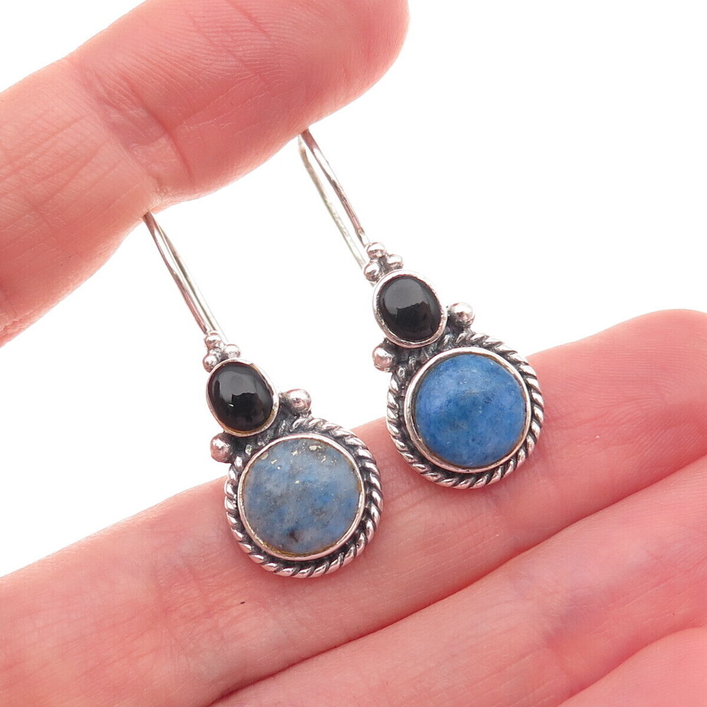 925 Sterling Silver Vintage Real Lapis & Black Onyx Drop Earrings